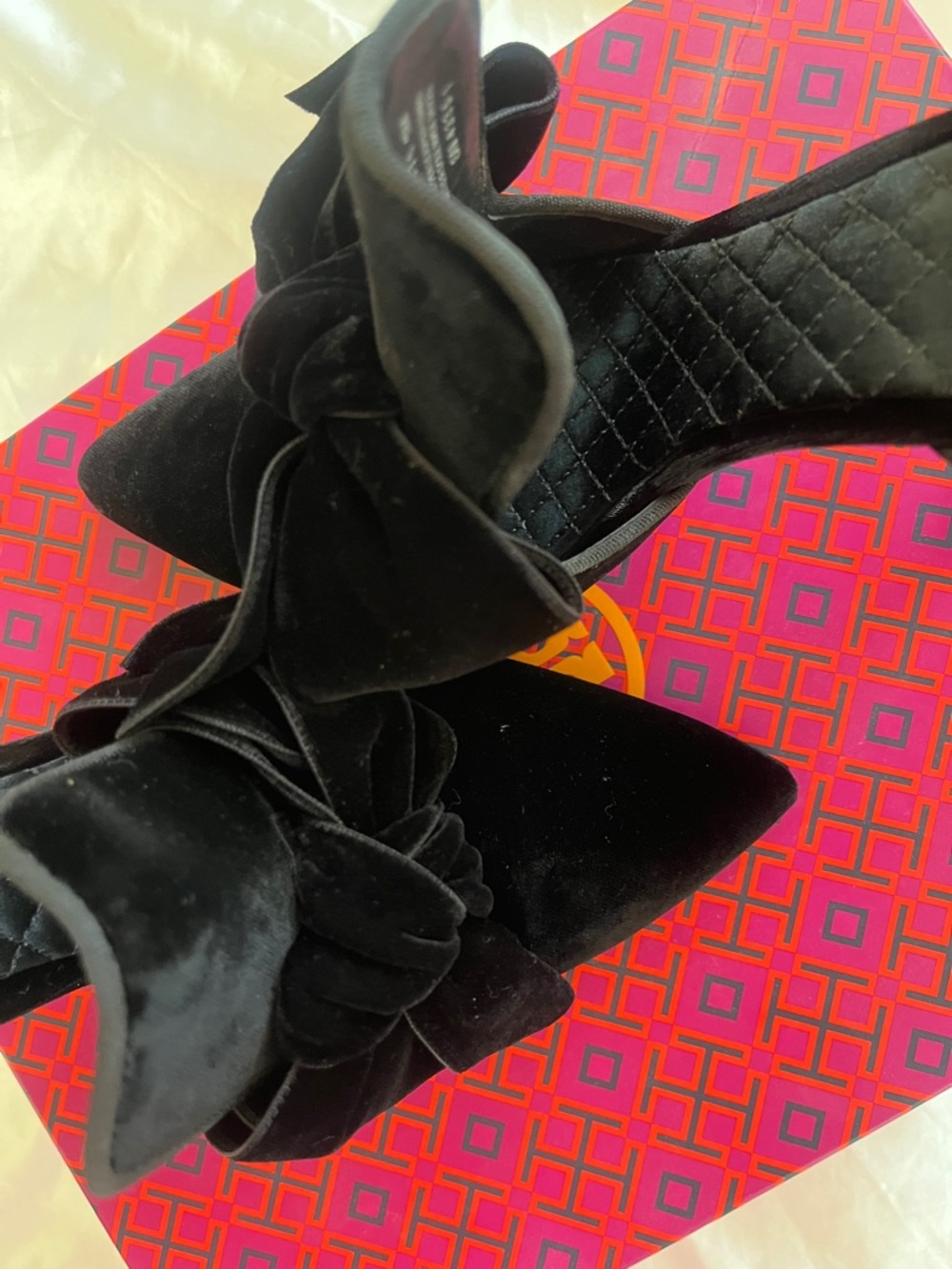Tory Burch Black Velvet D'Orsay Pumps with Bow and Sculptural Bead Heel - Picture 5 of 9